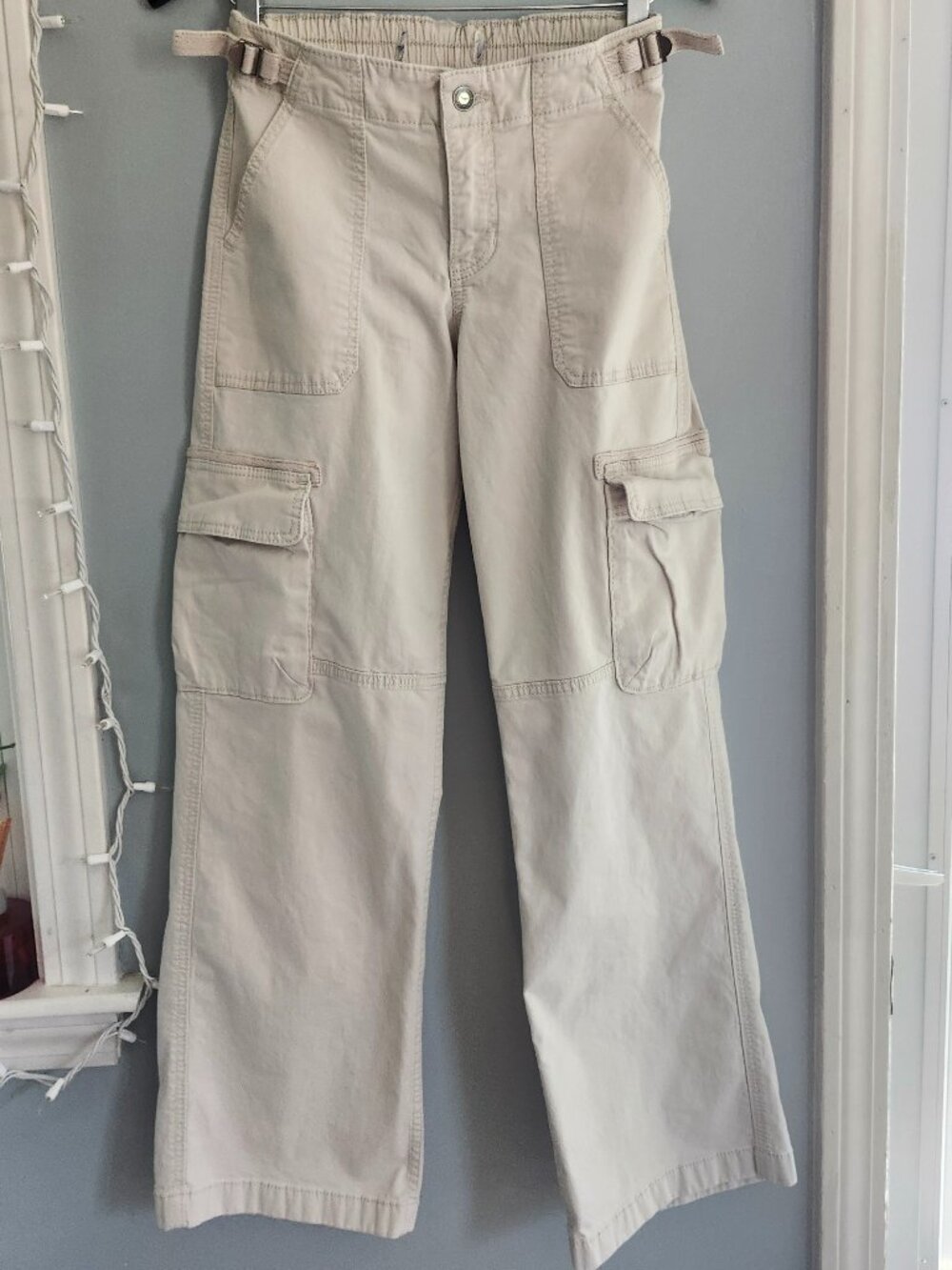 Hollister Cargo Pants Size 00R Beige Wide Leg Utility Y2K Like New